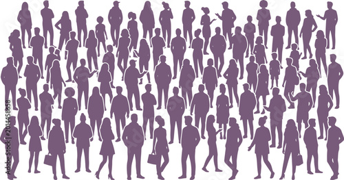 Large group of people silhouettes standing together in various poses on white background  many different human figures