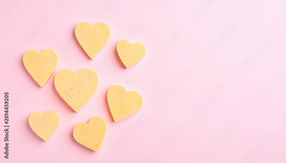 Fototapeta premium A Delightful Array of Yellow Heart-Shaped Objects on a Soft Pink Background, Perfect for Celebrating Love and Affection in Various Settings