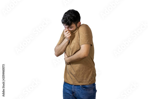 Fotografía Young man feeling disgusted and covering his nose on white background
