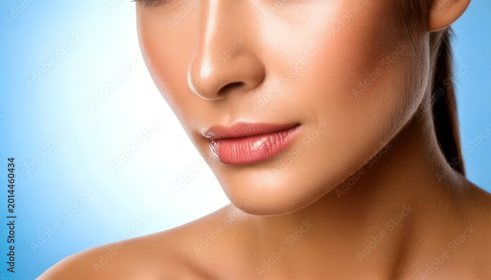 Obraz premium Close-up of a Womans Face with Smooth Skin and Glossy Lips.