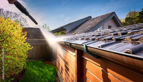 Konstfotografi cleaning spring rain gutters with a pressure washer