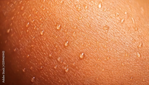 Close-up of human skin covered in sweat droplets, glistening in light.