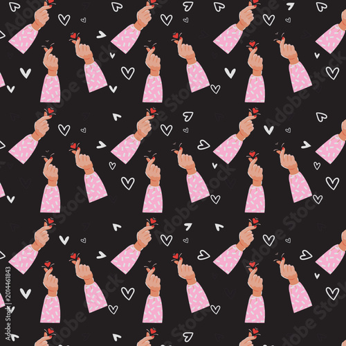 K-Pop Finger Heart Hand Sign Seamless Pattern on Black