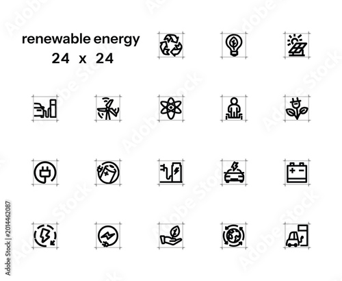 Set of minimalist outline vector icons on renewable energy. 24x24, editable outline.
