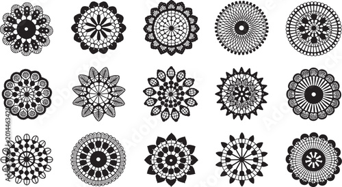 Collection of black vector floral mandala lace doilies in circular patterns vector bundle set
