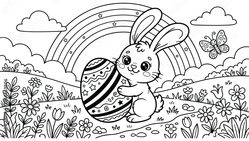 Fototapeta premium Cute bunny rabbit with decorated easter egg and rainbow black and white line art