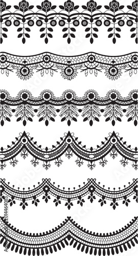 Set of six ornate black and white decorative border patterns on white background vector bundle set