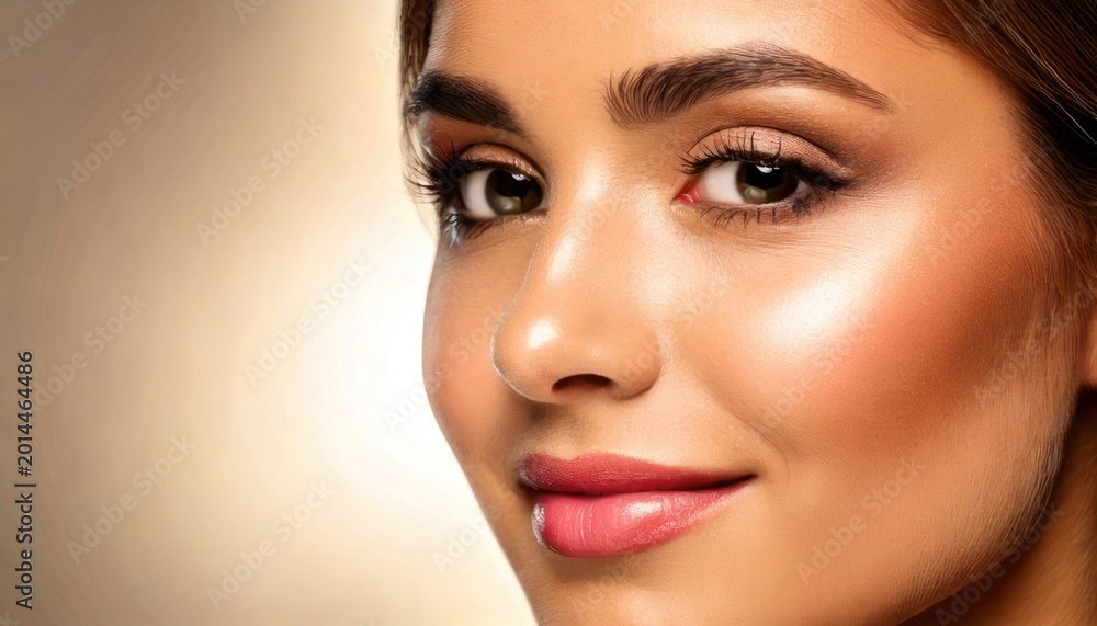 Fototapeta premium Close-up portrait of a beautiful woman with glowing skin and makeup.
