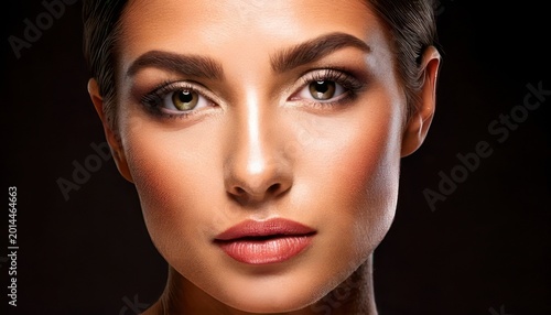 Close-up portrait of a woman with flawless makeup and glowing skin.
