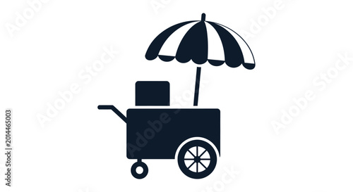 Billede på lærred Street cart with a striped umbrella acts as a mobile food vendor kiosk for outdoor markets and urban lifestyle commerce concepts