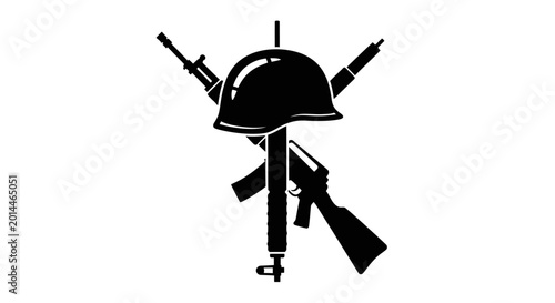 Bild auf Leinwand Military helmet resting on crossed rifles serves as a solemn commemorative emblem for veterans, memorial services, or historical documentation, featuring clean lines suitable for various graphic