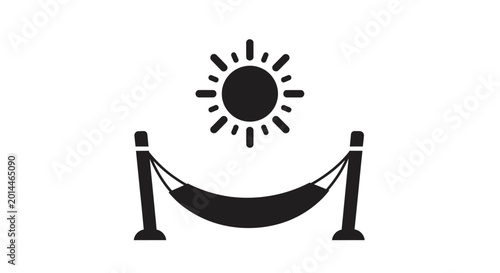 Foto Hammock is hanging under a bright shining sun icon representing relaxation and summer vacation vibes in this minimalist black and white graphic illustration with plenty of copy space for text