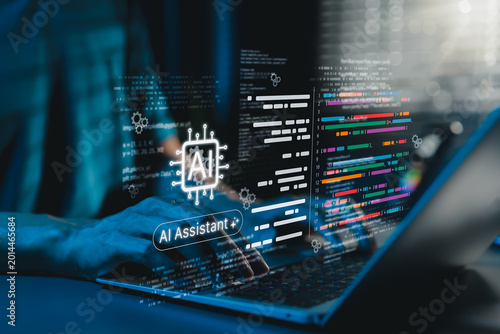 AI coding assistant for software development concept. Machine Learning Code, Programmer use laptop with code and AI chip represents artificial intelligence, AI programming, software development tools,