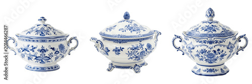 Schilderij op canvas Set and collection of blue and white ceramic tureen isolated on white background