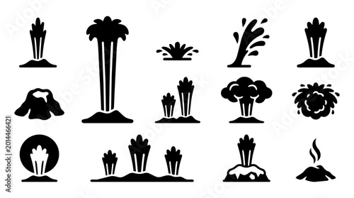 Tableau sur toile Geyser Eruption Silhouette Icon Set – Hot Spring, Steam and Water Column