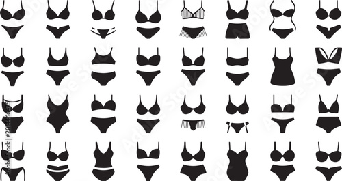 Black silhouette icons of various lingerie and swimwear sets vector bundle set