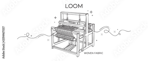 Minimalist black line art vector illustration of a traditional loom with woven fabric isolated on transparent background for textile industry and manual craft branding concept