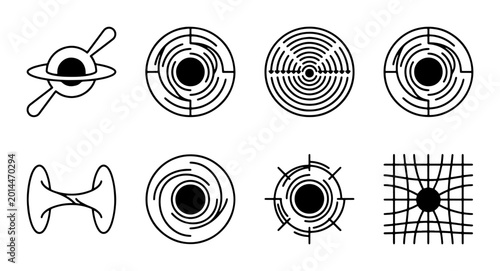 Fotografía Cosmic Phenomena Vector Icons: Black Holes, Wormholes, and Gravitational Lensing