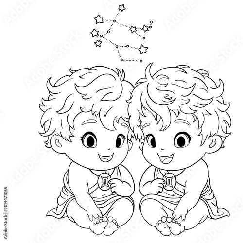 Cute Gemini zodiac twins babies holding astrological symbols in cartoon black line art style, isolated coloring page illustration