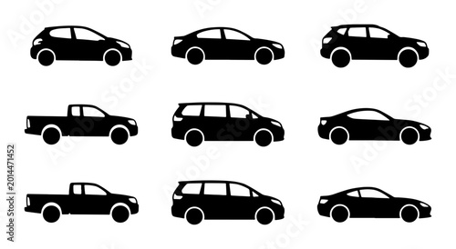 Cuadro en lienzo Diverse Vehicle Icons Collection, Black Silhouette Cars, SUVs, Trucks, and Miniv