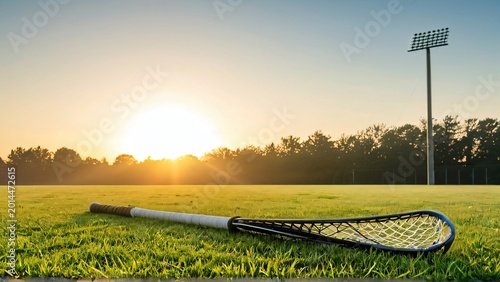 Lacrosse Stick on Grass Field at Sunrise