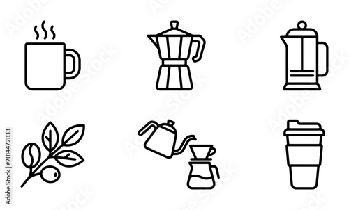 Foto Minimalist coffee icon set, black line brewing equipment symbols, 6 vector icons