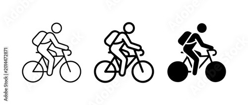 Photos Cyclist icon set with backpack, minimalist bicycle rider vector illustrations, b