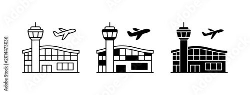 Obraz na płótnie Airport Terminal Icons, Air Traffic Control Tower and Airplane Vector Graphics,