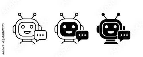 Chatbot Icons Set, AI Assistant Vector Graphics, Digital Communication Bots, Automated Support Symbols, Friendly Robot Faces with Speech Bubbles
