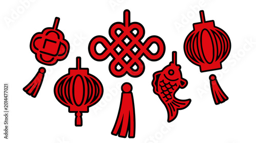 Photography Vibrant red Chinese lanterns and festive decorations hang outdoors on a string