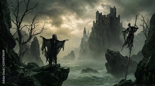 Dark creatures stand on rocks in a misty landscape with a castle in the background under a stormy sky with a skull and candle