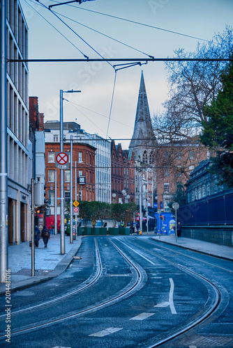 Принти на полотні Dublin Ireland Street with Tram Tracks Double Decker Bus and Church Spire Frame