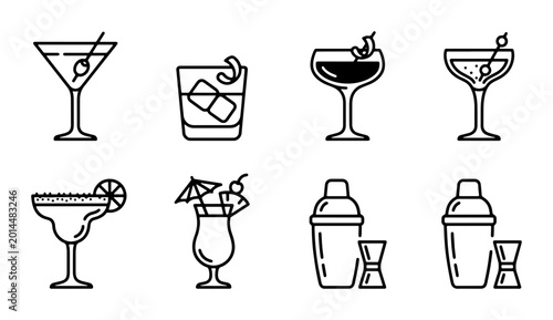 Foto Cocktail Icons Set, Barware Graphics, Drinkware Symbols, Mixology Tools, Beverag