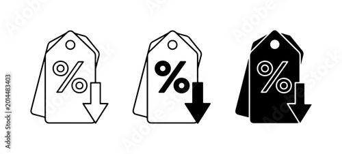 Photos Discount Price Tags, Percentage Sign with Down Arrow Icons, Vector Graphics for