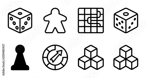 Foto Board Game Icons Set, Vector Graphics for Tabletop Gaming, Dice, Pawns, and Game