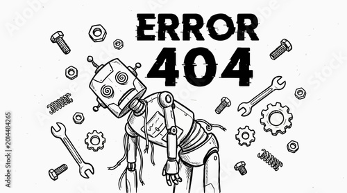 Фотография Error landing page : A broken robot malfunctions and falls apart with tools scattered around it on a screen displaying an error message