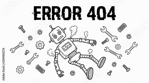 Fotografía Error landing page : A broken robot malfunctions and falls apart with tools scattered around it on a screen displaying an error message