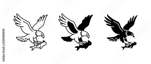 Fotografie Eagle with Fish Vector Icons, Silhouette and Outline Styles, Predatory Bird Symb