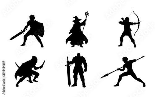 Foto Fantasy Warrior Silhouettes, Medieval Knight, Archer, Mage, Rogue, Spear Fighter
