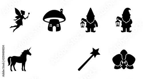 Bilde på lerret Whimsical Fantasy Icons Set: Fairy, Unicorn, Gnome, Mushroom House, Magic Wand,
