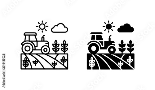Photos Farm Tractor Icon Set, Agricultural Field and Crops, Rural Landscape Vector Grap
