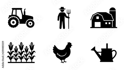 Canvastavla Farm Icons Set: Tractor, Farmer, Barn, Cornfield, Chicken, Watering Can Vector G