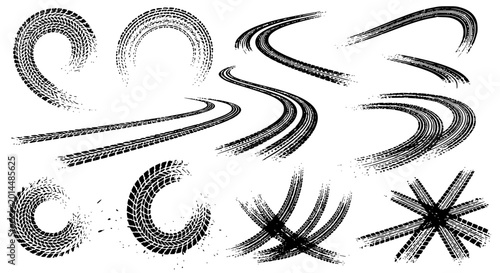 Tire tread marks after skidding, launch, drift, powerslide in motorsport, rally, off-road, motocross. Wheel texture with splash effect. Vector, transparent background SVG version.