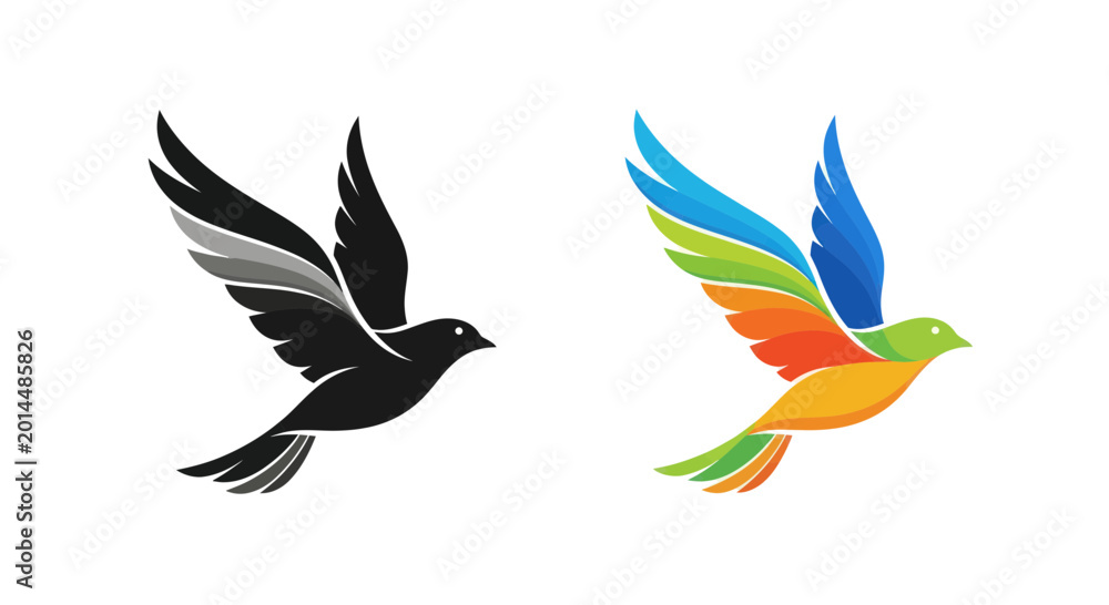 Fototapeta premium Colorful Bird Logo vs. Monochrome Silhouette, Freedom Concept