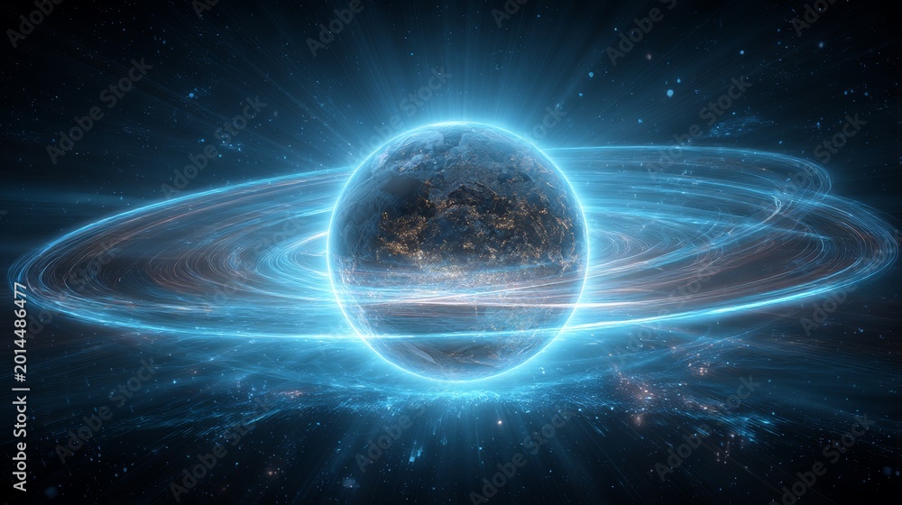 Fototapeta premium Earth in Cosmic Orbit: Futuristic Energy Rings Surrounding the Planet — Sci-Fi Space Background