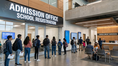 Admission office school registration sign at educational institution entrance with students waiting for enrollment processing and academic administrative services in a modern facility.