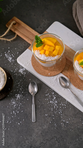 Fresh Mango Coconut Chia Pudding in Glasses with Mint Garnish