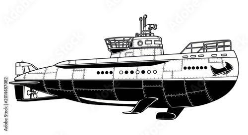 Foto Vintage Submarine Illustration, Nautical Vessel, Underwater Ship, Retro Marine