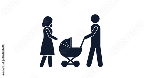 Photos Parents with a stroller represent the essence of family life and the daily routine of caring for a newborn child in a modern urban environment where balance and connection remain highly essential