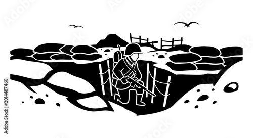 Tableau sur toile Soldier silhouette illustrates a historical wartime scene inside a trench, emphasizing the harsh reality and bravery of infantry troops during intense combat operations in a battlefield environment